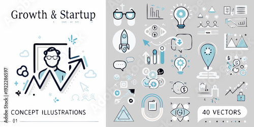 Growth and startup concept illustrations with various business related icons