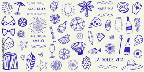 Italian summer themed doodles including food beach items and lettering
