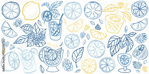 A colorful sketched pattern of citrus fruits leaves and drinks