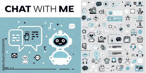 Chat with me a colorful illustration of robots and communication icons