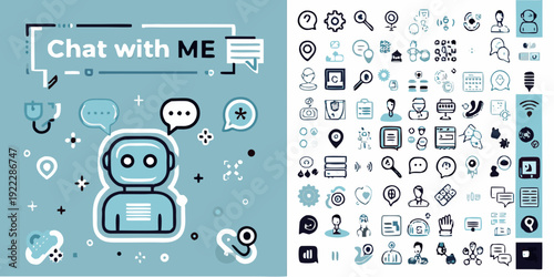 Chat interface and robotic assistant icons on a light blue background