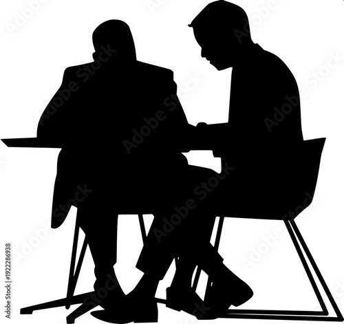 High contrast monochrome outdoor café icon, two chairs facing table, lantern lights under umbrella, symmetrical potted plants, flat vector style, clean white backdrop