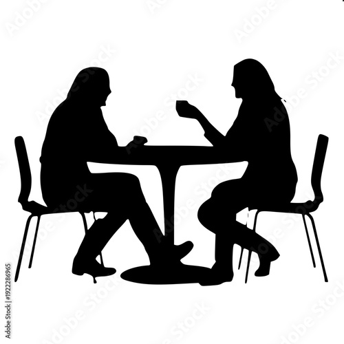 High contrast monochrome outdoor café icon, two chairs facing table, lantern lights under umbrella, symmetrical potted plants, flat vector style, clean white backdrop