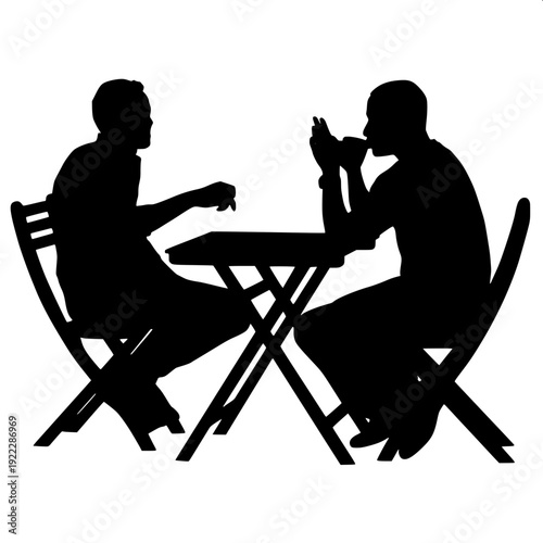High contrast monochrome outdoor café icon, two chairs facing table, lantern lights under umbrella, symmetrical potted plants, flat vector style, clean white backdrop