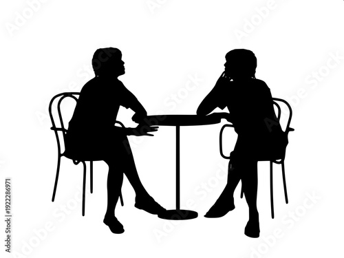 High contrast monochrome outdoor café icon, two chairs facing table, lantern lights under umbrella, symmetrical potted plants, flat vector style, clean white backdrop