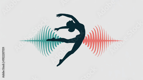 Dynamic dancer silhouette with colorful sound wave design elements on gray background conveying energy and movement