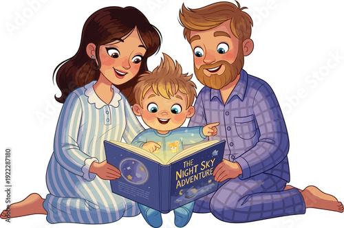 Happy family reading bedtime story illustration vector. Parents and child bonding over a book in pajamas. Cute cartoon style for children's content and parenting themes.