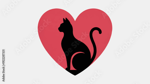 Black cat silhouette sitting inside red heart shape symbolizing love and affection on a white background with simple design