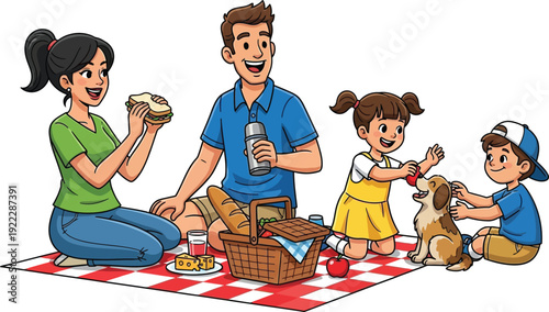 Happy family picnic cartoon vector illustration featuring parents, children, and a dog enjoying food and leisure time outdoors on a checkered blanket.