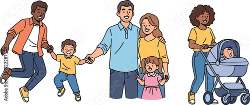 Diverse family illustrations set featuring happy parents and children in various scenarios. Modern cartoon style vector illustration depicting different family structures and parenting concepts.