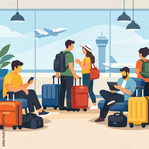 Travelers Waiting At Airport Lounge Flat Vector Illustration featuring Diverse Passengers and Departure Gate Interior for Aviation and Tourism Travel Design