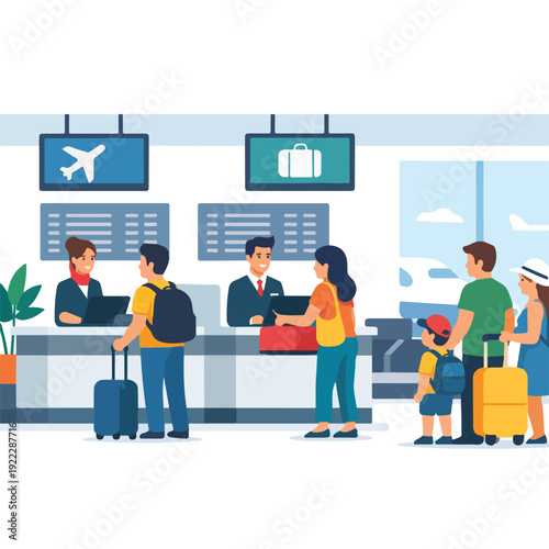 Airport Check In Counter Flat Vector Illustration featuring Airline Staff and Passengers for Travel Departure and Aviation Service Design