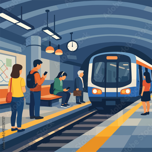Subway Station Interior Flat Vector Illustration featuring Contemporary Metro Platform and Underground Transit Architecture for Urban Transportation and Commuter Lifestyle Design