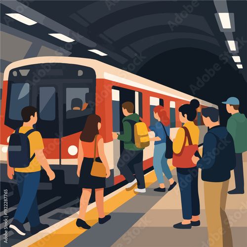 Metro Train Platform Scene Flat Vector Illustration featuring Contemporary Subway Station and Commuter Infrastructure for Urban Transit and City Transportation Design