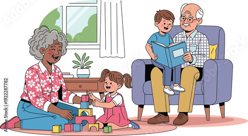 Happy grandparents spending quality time with grandchildren at home, playing with blocks and reading a book in a cozy living room setting. Intergenerational family bonding vector illustration.