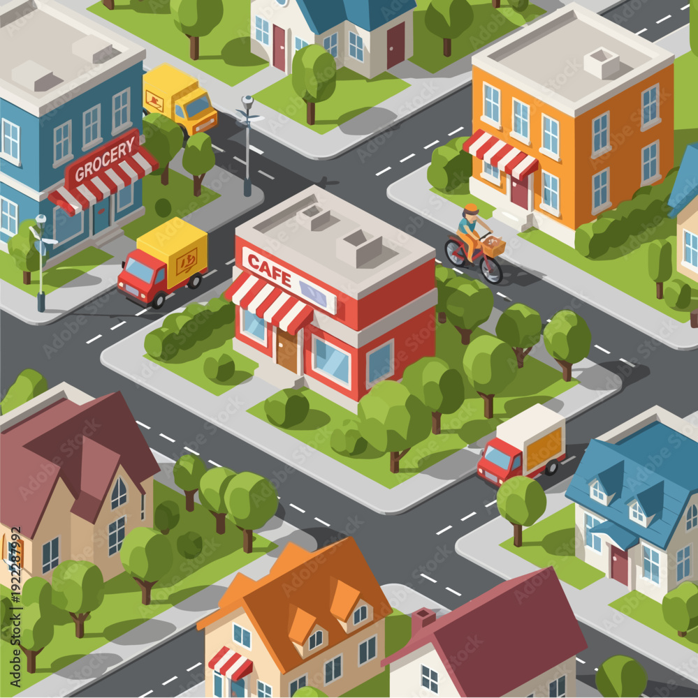 custom made wallpaper toronto digitalIsometric city block with houses, shops, and vehicles.