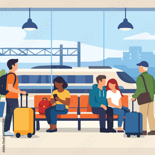 Railway Station Waiting Area Flat Vector Illustration featuring Passengers Seating and Terminal Interior for Travel Lounge and Urban Transit Architecture Design
