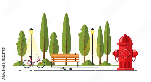 A vibrant illustration of a red fire hydrant in a park setting with a bicycle and bench.