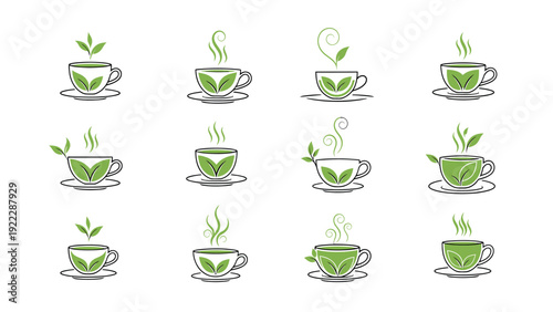 Collection of hand-drawn steaming green tea cups with delicate leaf designs.