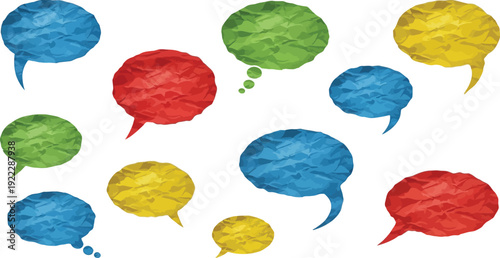 A set of colorful crumpled paper texture speech bubbles and thought bubbles for communication and conversation design elements vector illustration.
