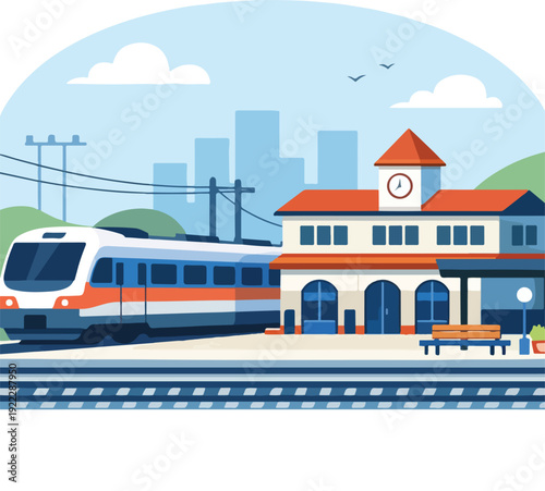 Railway Transport Scene Flat Vector Illustration featuring Locomotive and Freight Wagons on Tracks for Logistics and Industrial Infrastructure Design