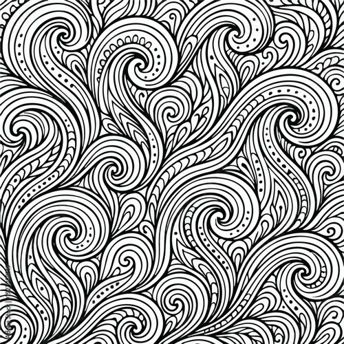 Intricate hand drawn black and white abstract swirl pattern creating a hypnotic, flowing design perfect for decorative backgrounds or stress relief coloring pages.