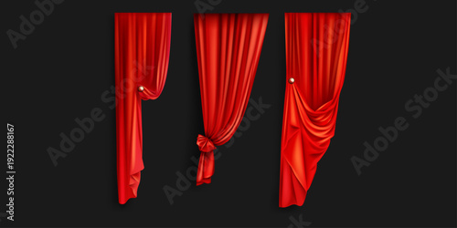 Collection of luxury red silk curtains and draperies. Interior decoration design. Vector illustration isolate