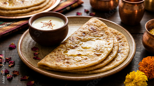 Aesthetic Puran Poli with Ghee and Milk – Traditional Maharashtrian Sweet Flatbread AI Image