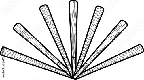 Detailed illustration of six wooden baseball bats arranged in fan pattern, sports equipment artwork, symmetrical design concept, athletic recreation symbol, decorative sporting graphic