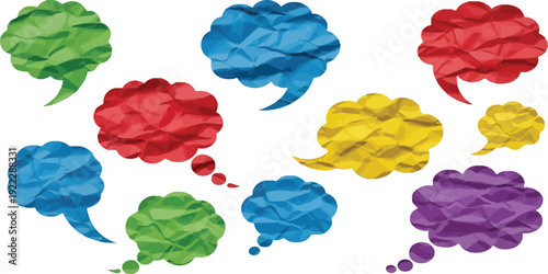 A vibrant collection of colorful crumpled paper speech bubbles and thought bubbles set, perfect for communication, dialogue, and social media concepts. Vector illustration icons.