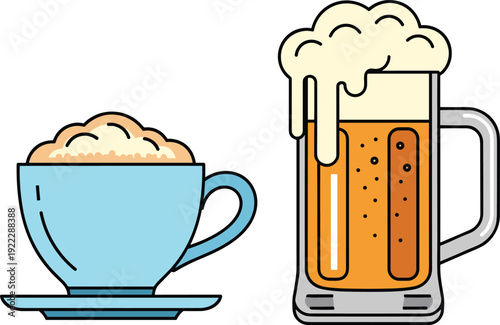 Illustration of frothy cappuccino coffee cup with saucer beside overflowing beer mug, contrasting beverages artwork, casual drink concept, lifestyle food and drink design