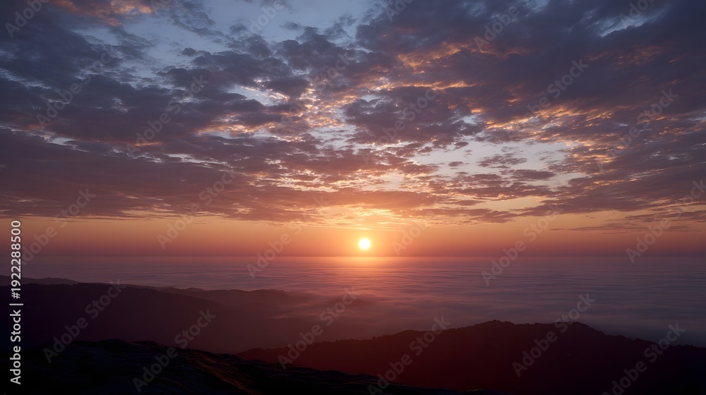 Fototapeta premium Breathtaking sunrise or sunset with a golden glow over a misty fog covered mountain landscape from an elevated viewpoint