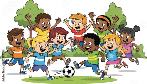 Diverse group of happy children playing soccer together in a park, a fun cartoon vector illustration for kids' activities, friendship, and teamwork concepts.