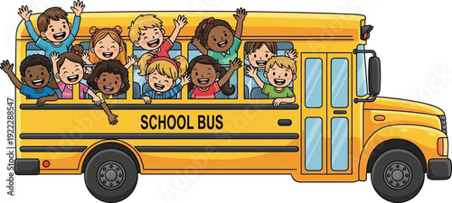 Happy diverse children riding a yellow school bus, waving and smiling, cartoon vector illustration for back to school, education, and childhood concepts.