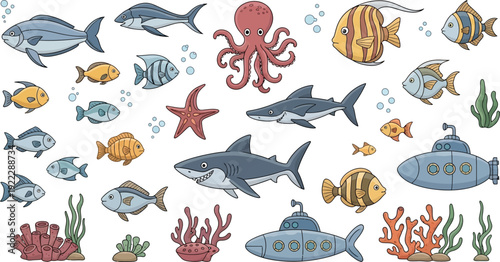 Underwater World Cartoon Vector Illustration Set with Cute Sea Animals, Fish, Shark, Octopus, Starfish, and Submarine Icons for Kids Design and Education.