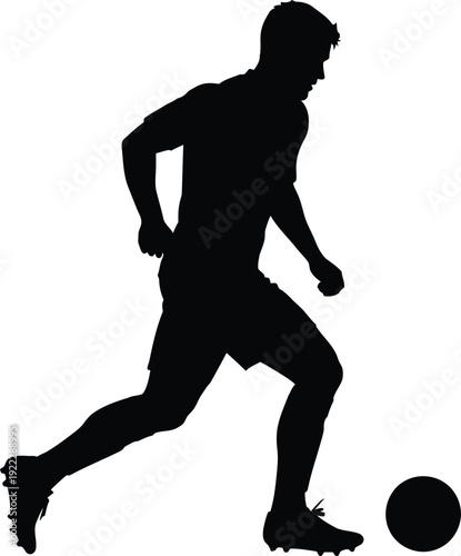 Soccer player silhouette vector illustration. Black and white graphic design element for sports-related projects, posters, and web design. Dynamic pose of an athlete dribbling a ball.