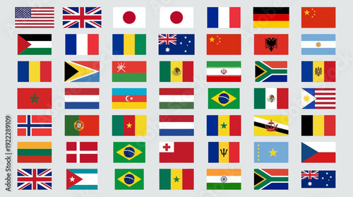 A diverse collection of national flags from around the world, rendered in a consistent vector style