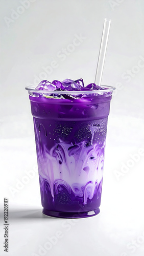 Hyper realistic Ube Matcha layered drink in a sturdy clear plastic cup. Isolated on white background, ultra detailed. Suitable for food and cafe menu.