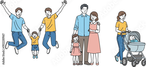 Diverse family illustrations set. Various family structures including same-sex parents, nuclear family, and single mother with baby. Simple line art vector illustration.