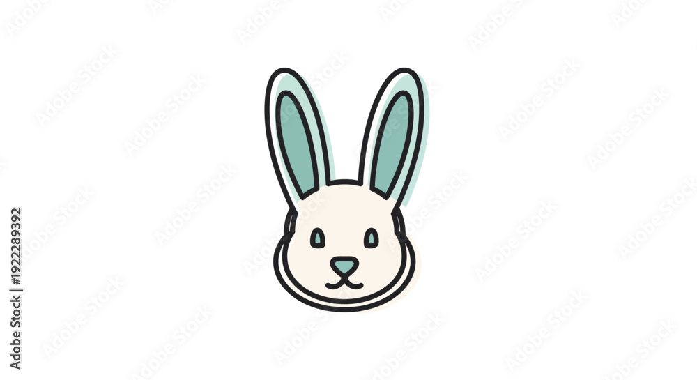 Obraz premium A simple line drawing of a white rabbit's face with blue ears and nose on a plain white background.