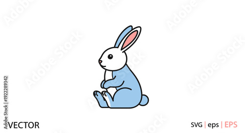 A blue cartoon rabbit sits cross-legged on a white background with its ears perked up in a vector illustration.