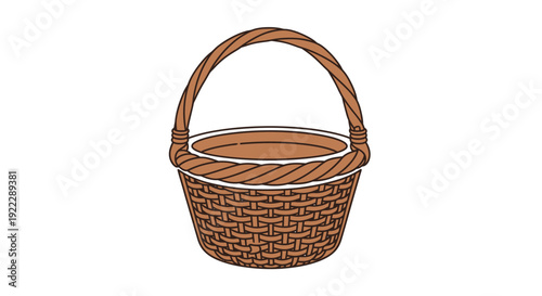 An empty brown wicker basket with a handle sits on a white background, showcasing its woven design and natural color.