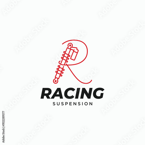 Letter R with racing shock absorber suspension logo design. R monogram linear style automotive symbol logo icon