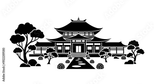 Stylized vector of an East Asian temple. Black and white design with classic pagoda architecture, garden, trees, pathway, symbolizes ancient culture and spiritual heritage