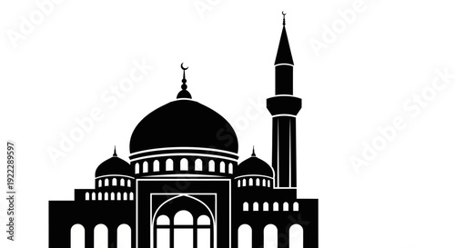 Minimalist black silhouette illustration of an ornate mosque, featuring traditional domes and towering minarets, symbolizing a sacred place of worship and rich Islamic architectural heritage