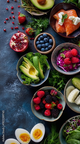 Wallpaper Mural Assorted superfood bowls with berries, avocado and greens on dark table, healthy breakfast concept, vegan clean eating flat lay. Torontodigital.ca
