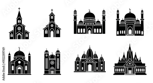 Collection of various church buildings and architectural designs, symbolizing faith and community
