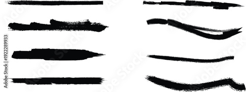 Collection of Black Ink Brush Strokes and Lines on White Background abstract
