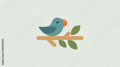 A teal bird perches on a light brown branch with green leaves against a soft sage background looking serene and peaceful