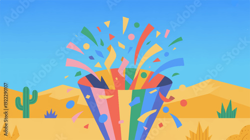 Vibrant desert celebration with colorful fireworks exploding against a clear blue sky and sandy dunes landscape with cacti